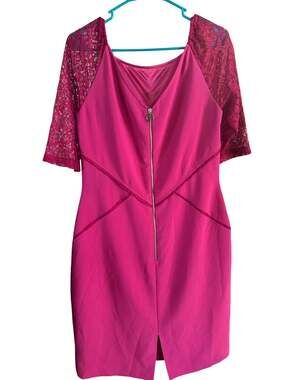 White House Black Market Magenta Lace Sleeve Sheath Dress with Front Zipper